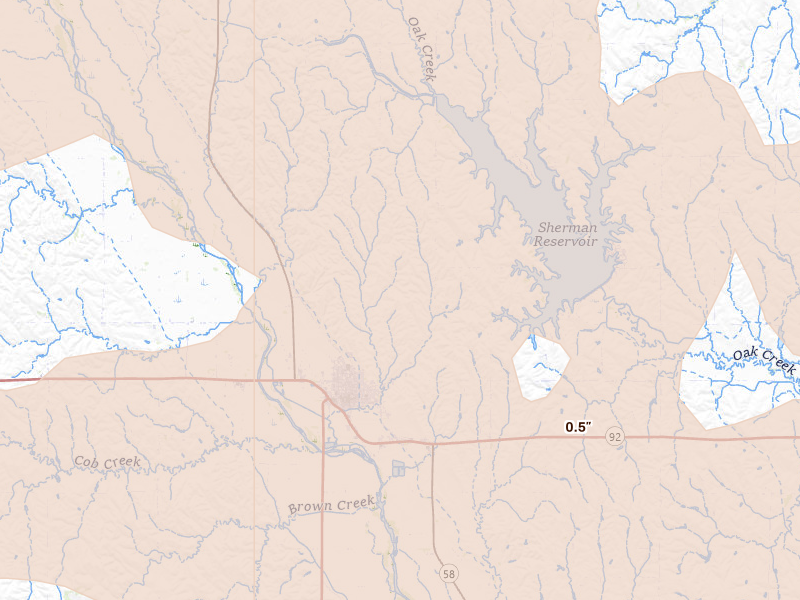Radar-estimated hail-size map of the storm over Loup City, NE on Jun 20, 2026