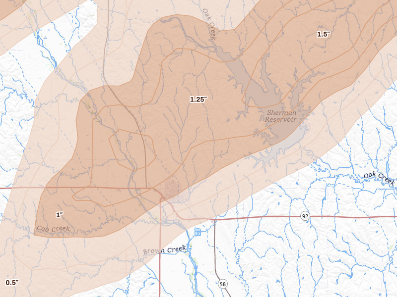 Radar-estimated hail-size map of the storm over Loup City, NE on Jun 29, 2026