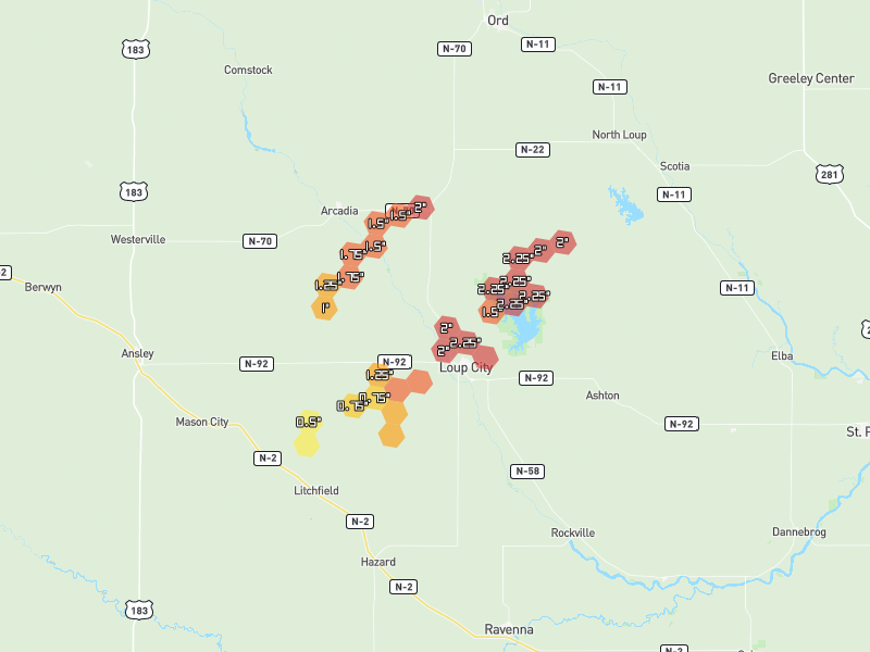 Hail map of Loup City, NE on Jun 30, 2026, hail up to 2.25"