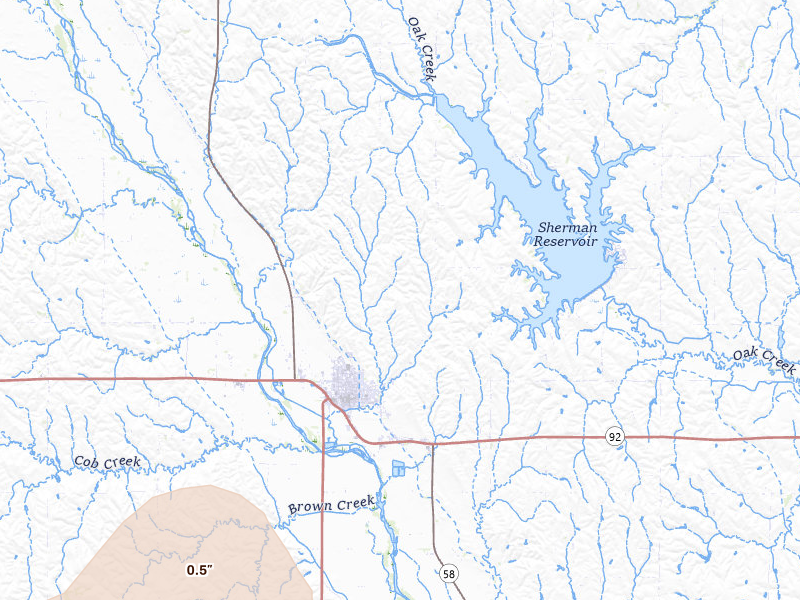 Radar-estimated hail-size map of the storm over Loup City, NE on Jul 30, 2026