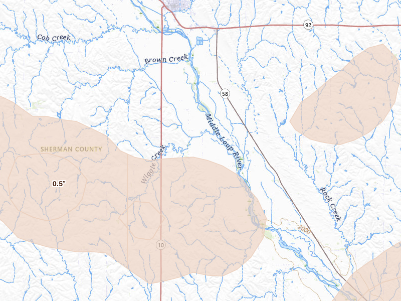 Radar-estimated hail-size map of the storm over Loup City, NE on Aug 8, 2026