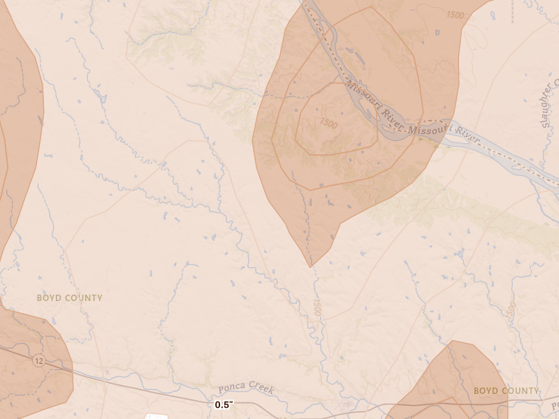 Radar-estimated hail-size map of the storm over Lynch, NE on May 17, 2026