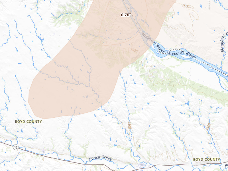 Radar-estimated hail-size map of the storm over Lynch, NE on Jun 9, 2026