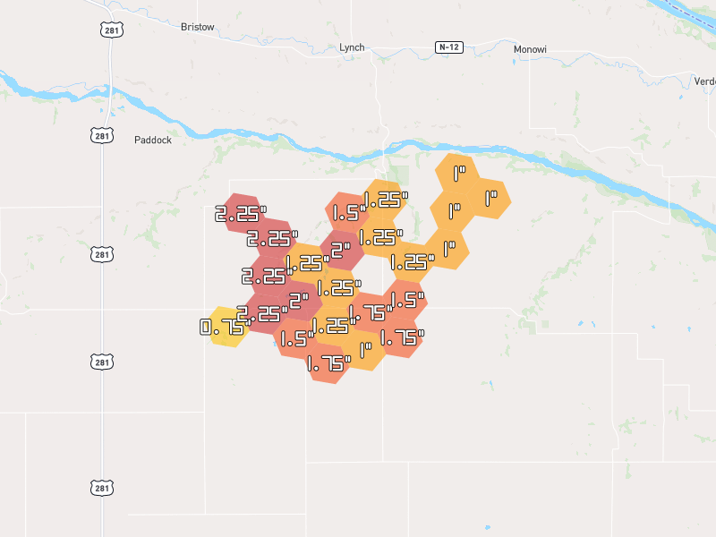 Hail map of Lynch, NE on Jul 3, 2026, hail up to 2.25"