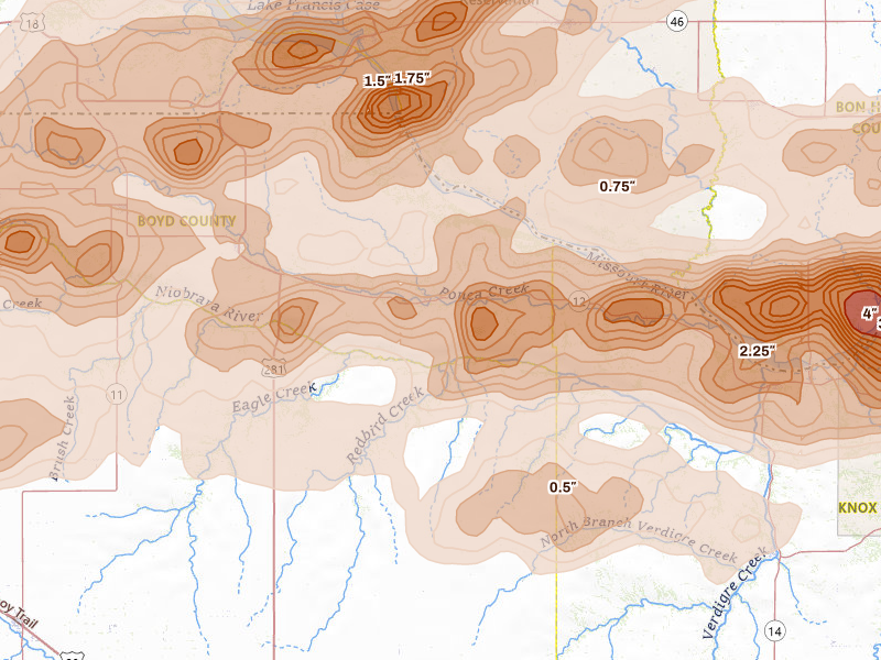 Radar-estimated hail-size map of the storm over Lynch, NE on Sep 1, 2026