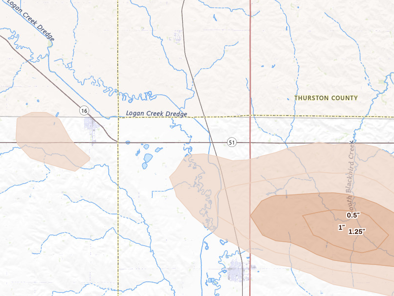 Radar-estimated hail-size map of the storm over Lyons, NE on May 31, 2026