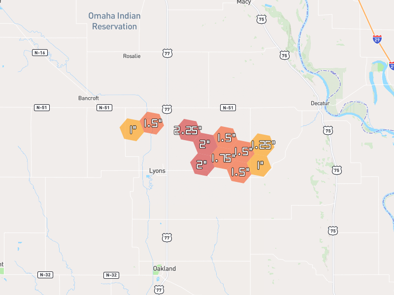 Hail map of Lyons, NE on Jun 1, 2026, hail up to 2.25"