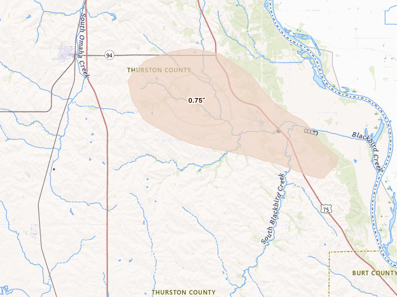 Radar-estimated hail-size map of the storm over Macy, NE on May 31, 2026