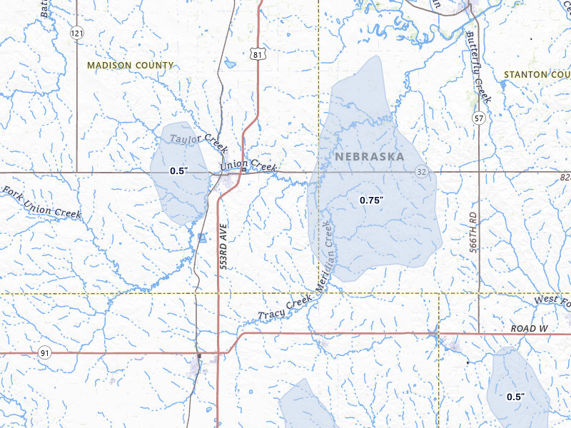 NEXRAD radar-signature map of the hail storm over Madison, NE on Mar 5, 2026