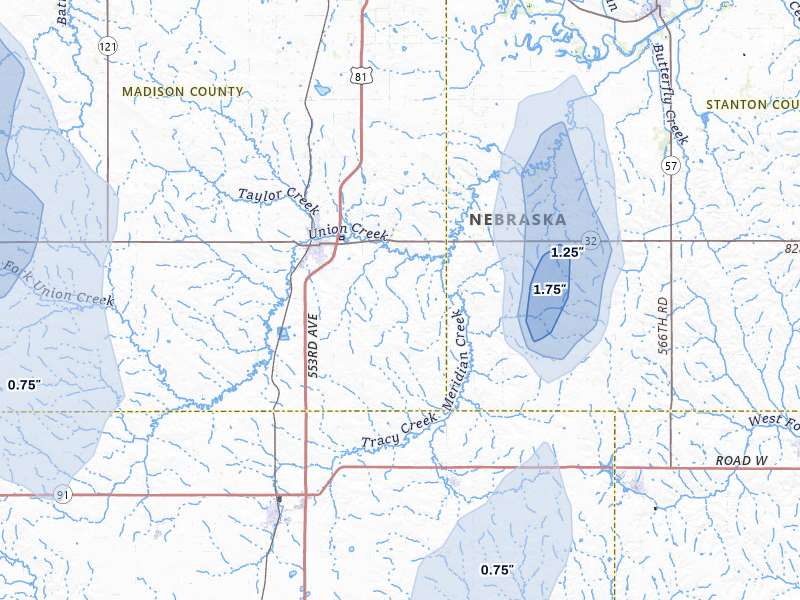 NEXRAD radar-signature map of the hail storm over Madison, NE on May 16, 2026