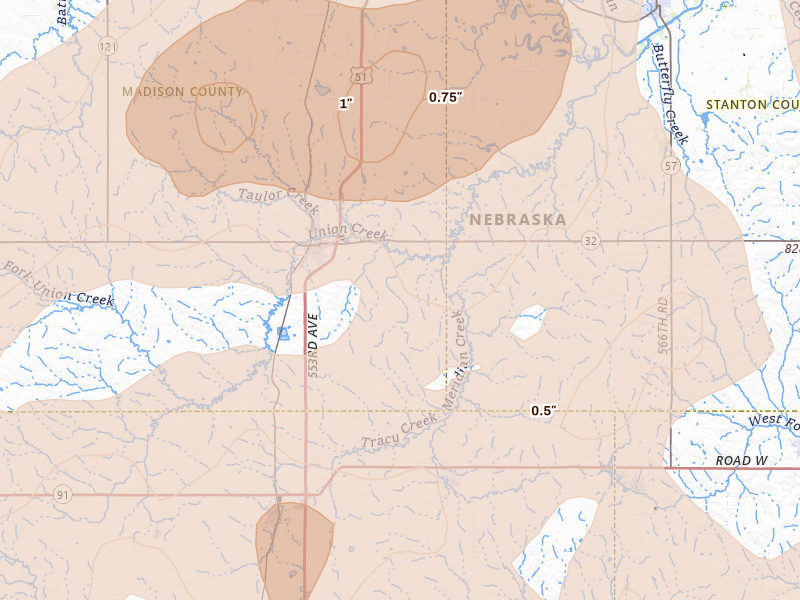 Radar-estimated hail-size map of the storm over Madison, NE on May 17, 2026