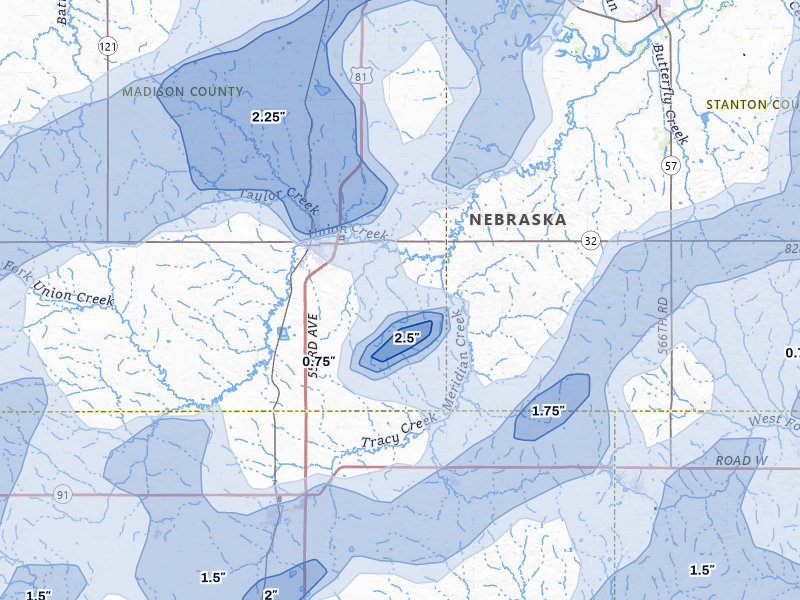 NEXRAD radar-signature map of the hail storm over Madison, NE on May 17, 2026