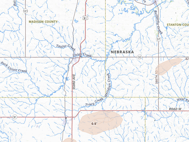 Radar-estimated hail-size map of the storm over Madison, NE on Jul 8, 2026
