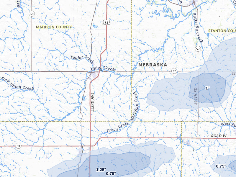 NEXRAD radar-signature map of the hail storm over Madison, NE on Jul 8, 2026