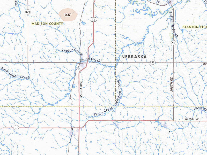 Radar-estimated hail-size map of the storm over Madison, NE on Jul 18, 2026