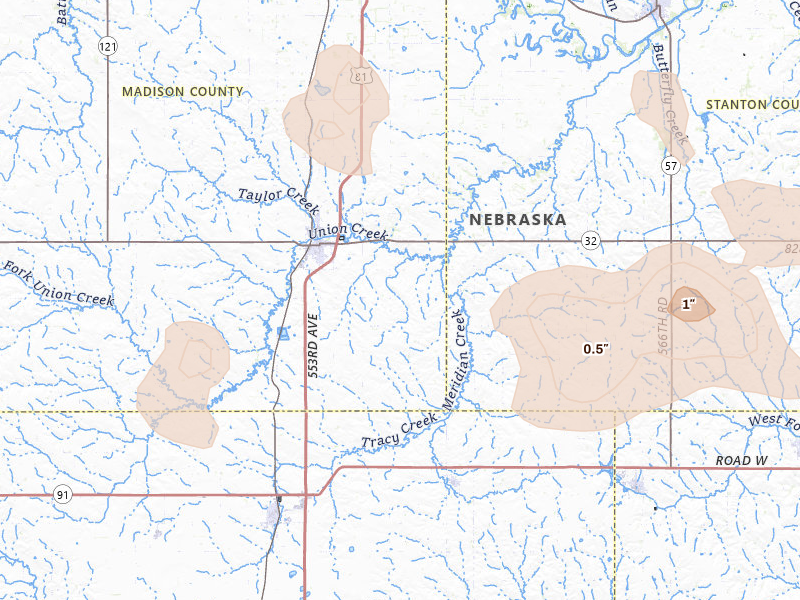 Radar-estimated hail-size map of the storm over Madison, NE on Jul 26, 2026