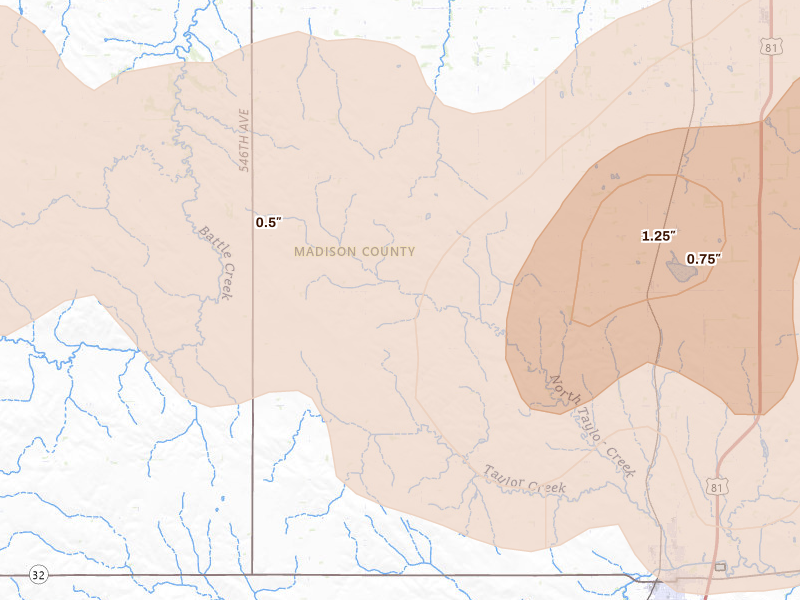 Radar-estimated hail-size map of the storm over Madison, NE on Aug 12, 2026