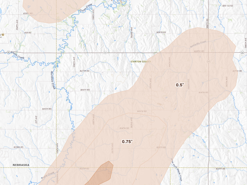 Radar-estimated hail-size map of the storm over Madison, NE