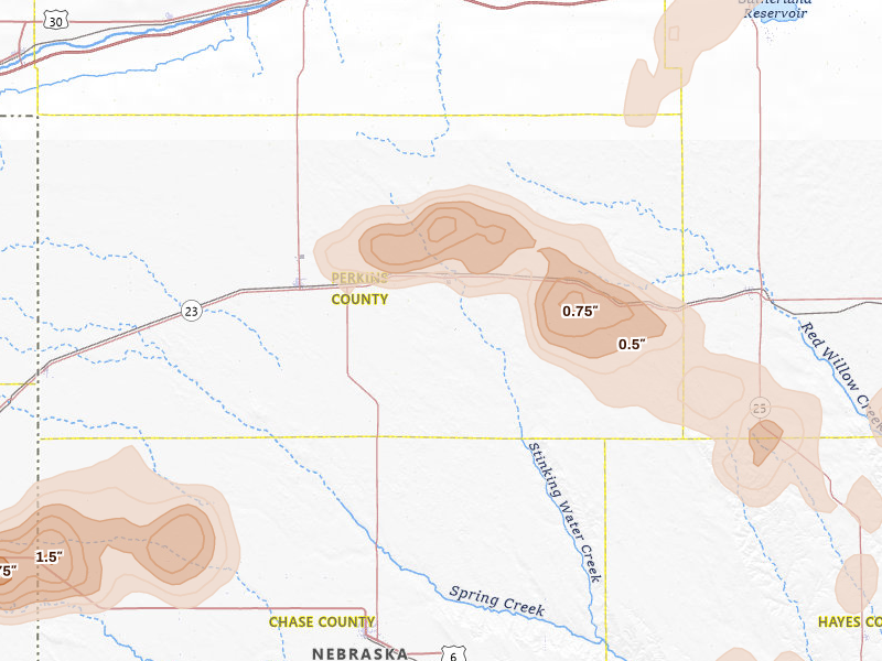 Radar-estimated hail-size map of the storm over Madrid, NE on May 16, 2026