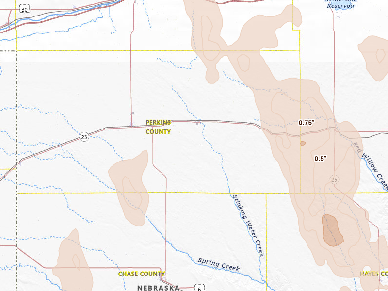 Radar-estimated hail-size map of the storm over Madrid, NE on May 30, 2026