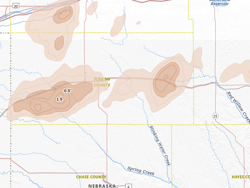 Radar-estimated hail-size map of the storm over Madrid, NE on Jun 7, 2026