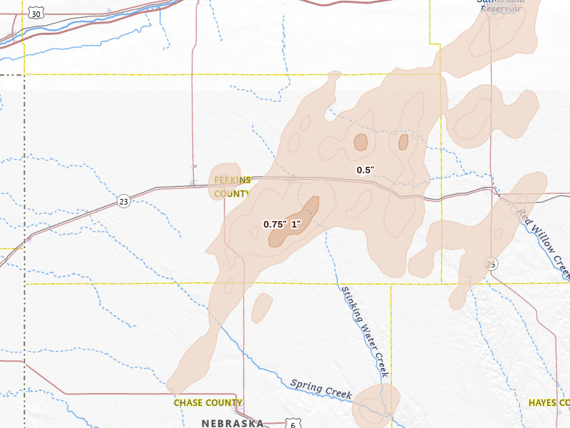 Radar-estimated hail-size map of the storm over Madrid, NE on Jun 8, 2026