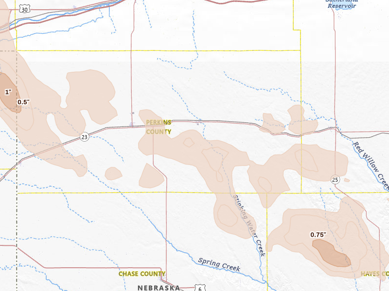 Radar-estimated hail-size map of the storm over Madrid, NE on Jun 23, 2026