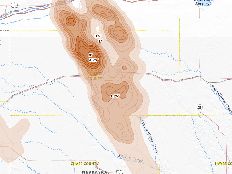 Radar-estimated hail-size map of the storm over Madrid, NE on Jun 24, 2026