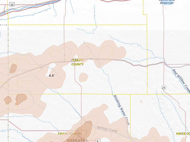 Radar-estimated hail-size map of the storm over Madrid, NE on Jul 2, 2026