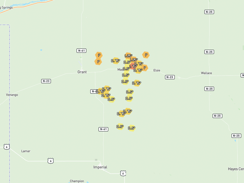 Hail map of Madrid, NE on Jul 3, 2026, hail up to 1.75"