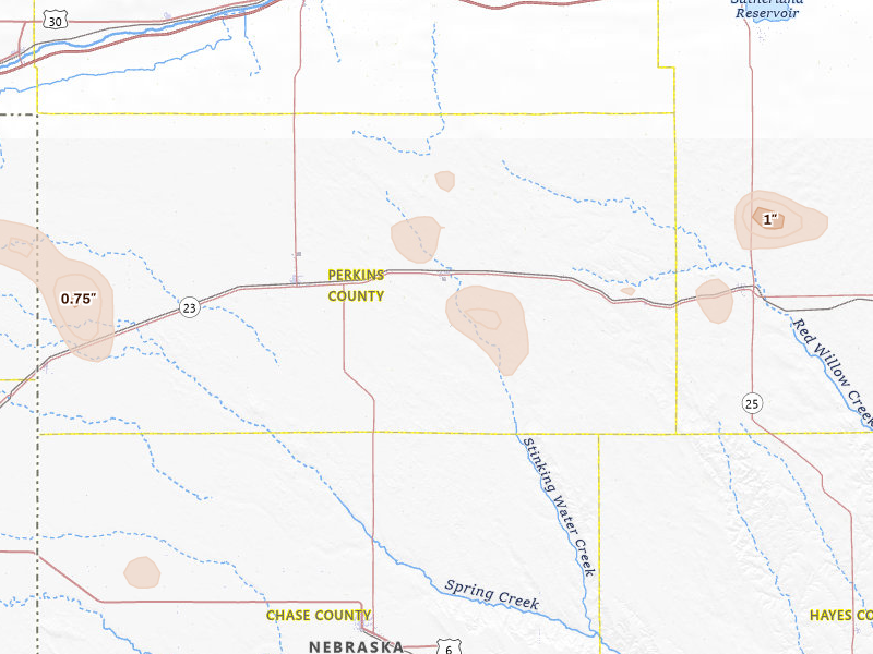 Radar-estimated hail-size map of the storm over Madrid, NE on Jul 8, 2026
