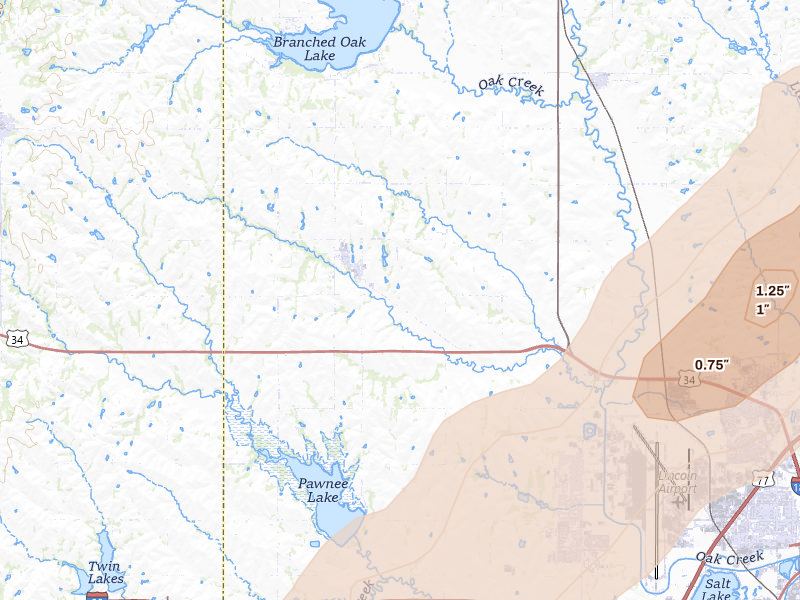 Radar-estimated hail-size map of the storm over Malcolm, NE on Apr 23, 2026