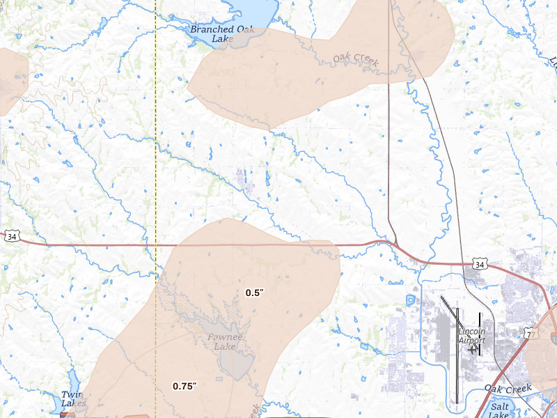 Radar-estimated hail-size map of the storm over Malcolm, NE on May 16, 2026