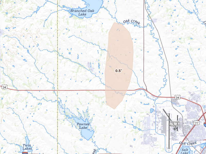 Radar-estimated hail-size map of the storm over Malcolm, NE on May 30, 2026