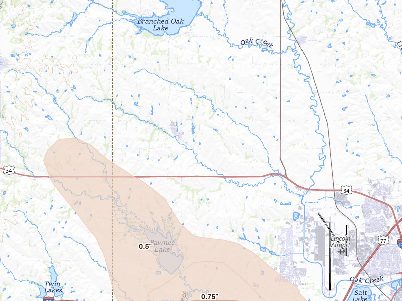 Radar-estimated hail-size map of the storm over Malcolm, NE on Jun 1, 2026