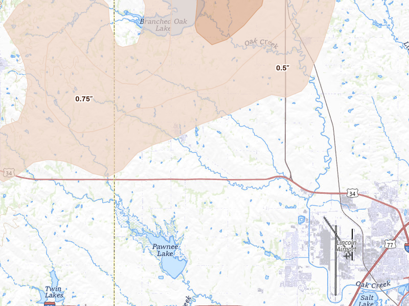 Radar-estimated hail-size map of the storm over Malcolm, NE on Jun 5, 2026