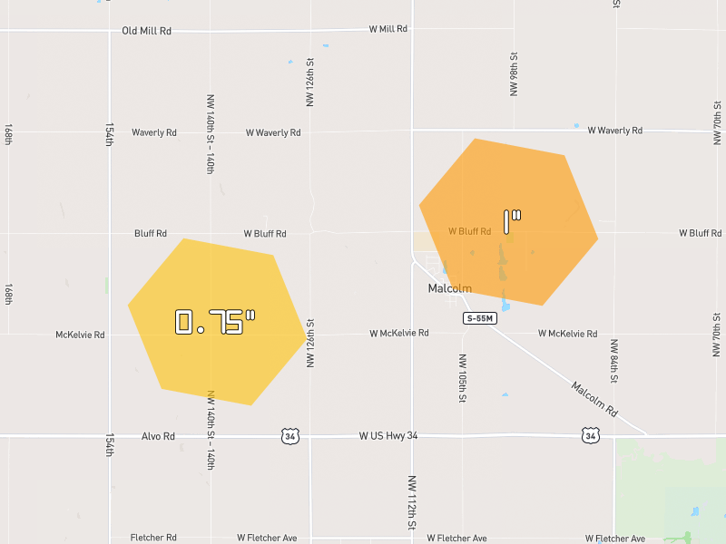 Hail map of Malcolm, NE on Jun 6, 2026, hail up to 1"