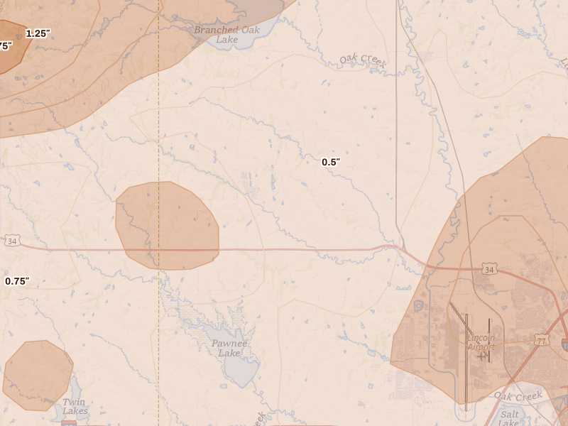 Radar-estimated hail-size map of the storm over Malcolm, NE on Jun 10, 2026