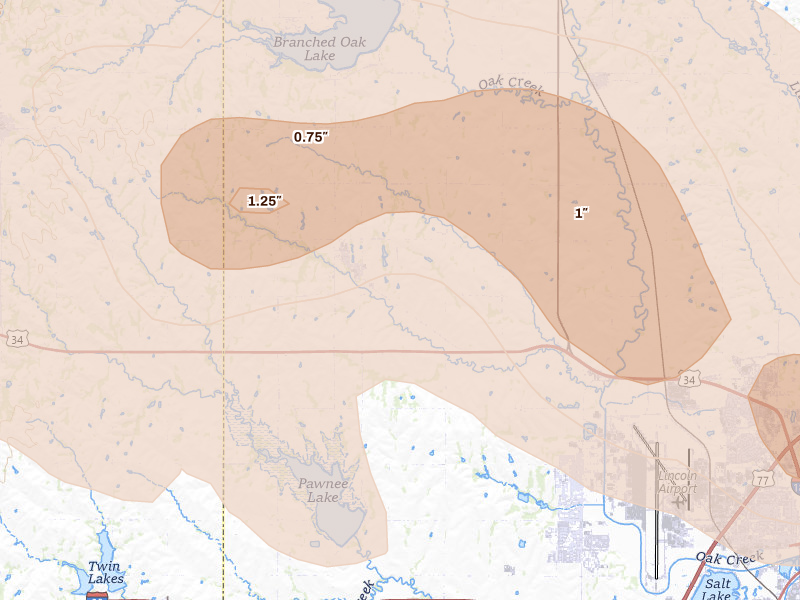 Radar-estimated hail-size map of the storm over Malcolm, NE on Aug 19, 2026