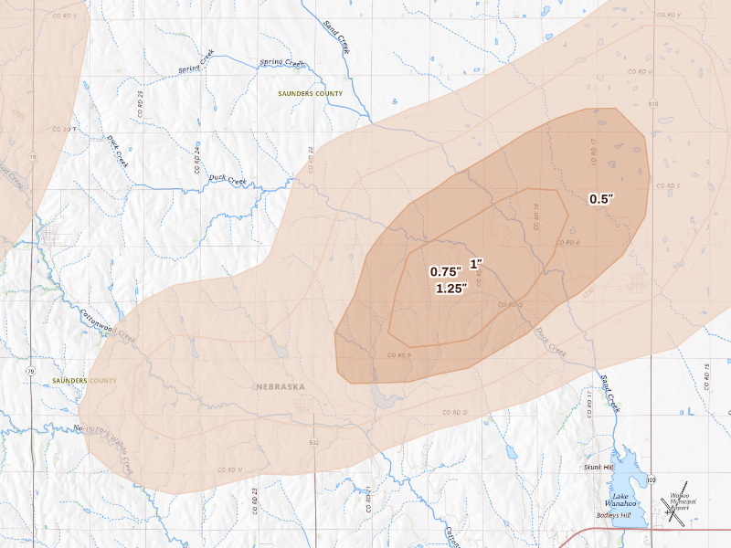 Radar-estimated hail-size map of the storm over Malmo, NE