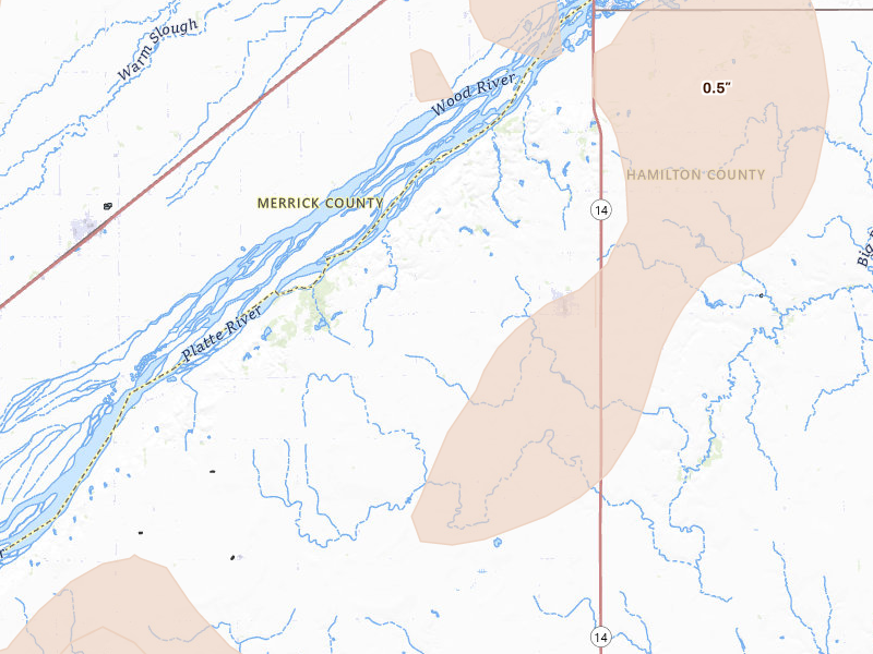 Radar-estimated hail-size map of the storm over Marquette, NE on May 16, 2026