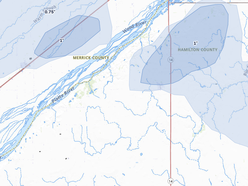 NEXRAD radar-signature map of the hail storm over Marquette, NE on May 16, 2026