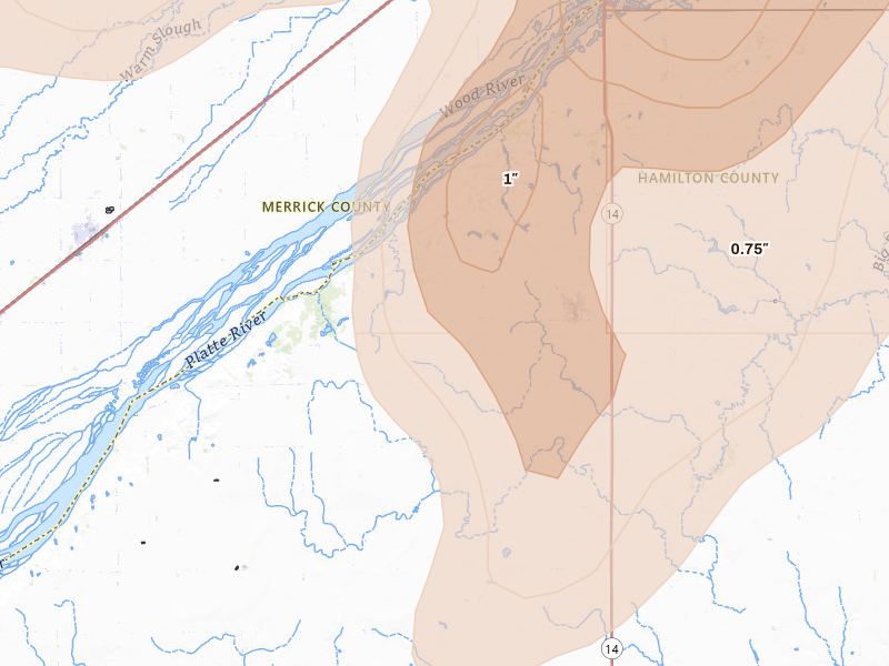 Radar-estimated hail-size map of the storm over Marquette, NE on May 17, 2026