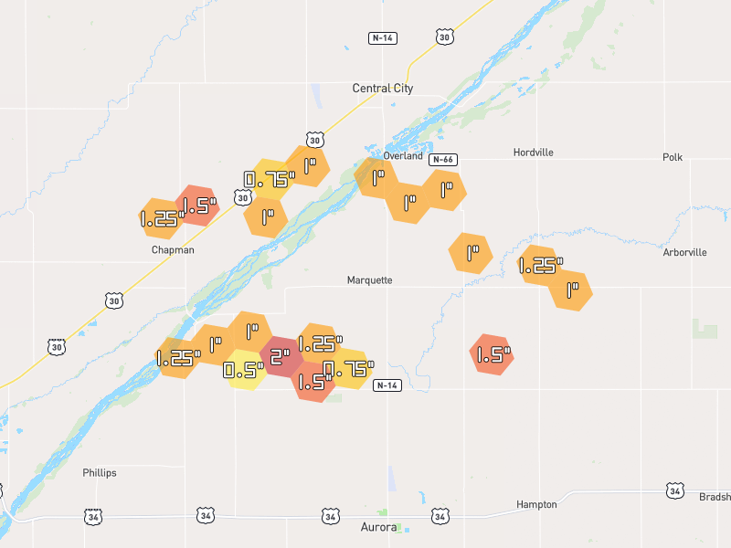 Hail map of Marquette, NE on Jun 6, 2026, hail up to 2"