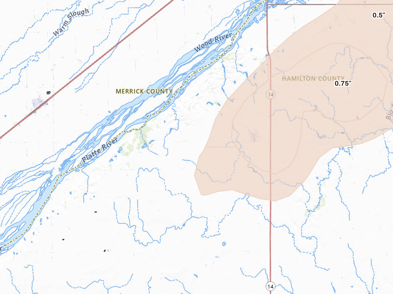 Radar-estimated hail-size map of the storm over Marquette, NE on Jun 9, 2026