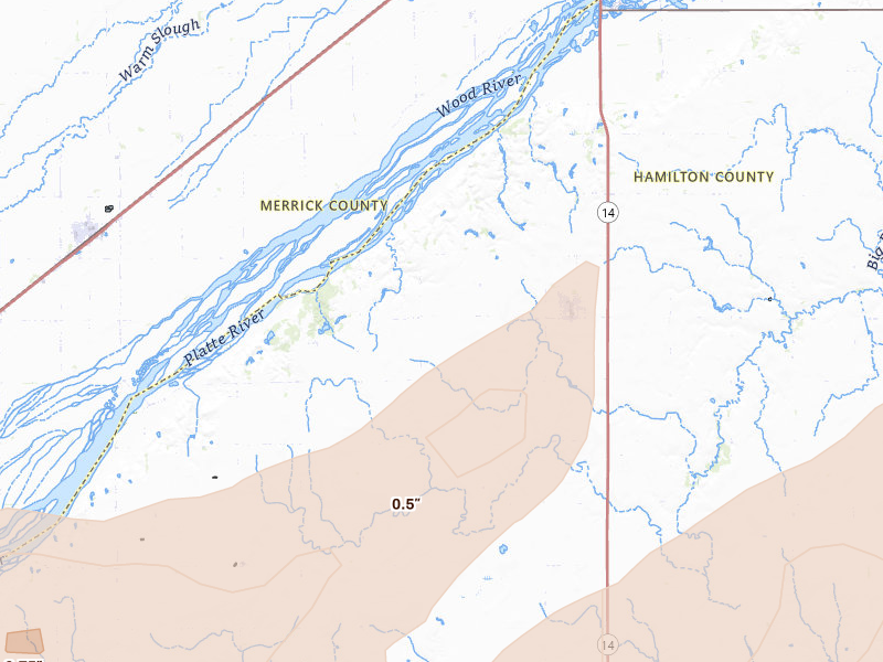Radar-estimated hail-size map of the storm over Marquette, NE on Jun 10, 2026