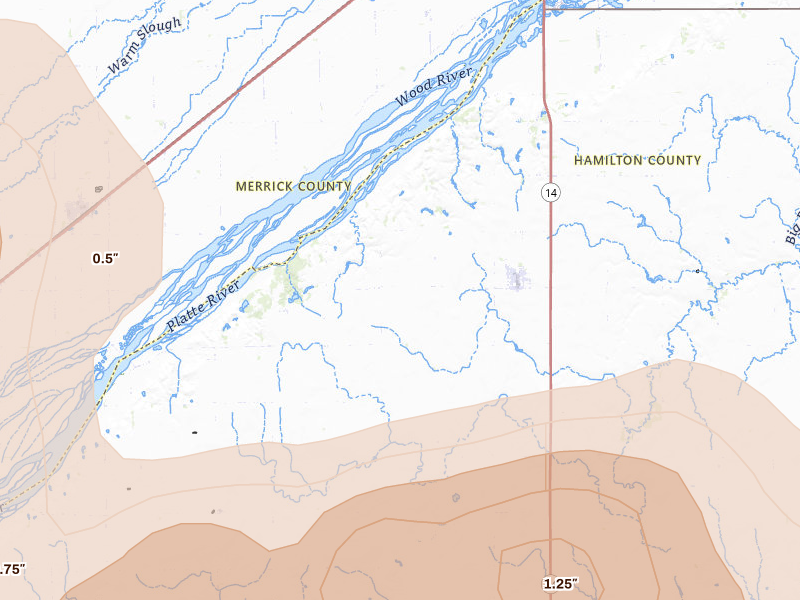 Radar-estimated hail-size map of the storm over Marquette, NE on Jul 8, 2026