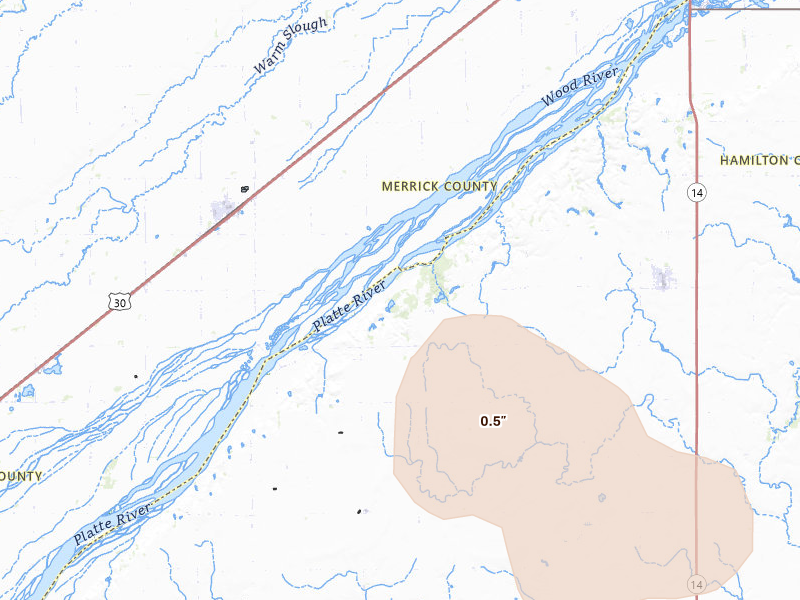 Radar-estimated hail-size map of the storm over Marquette, NE on Aug 8, 2026