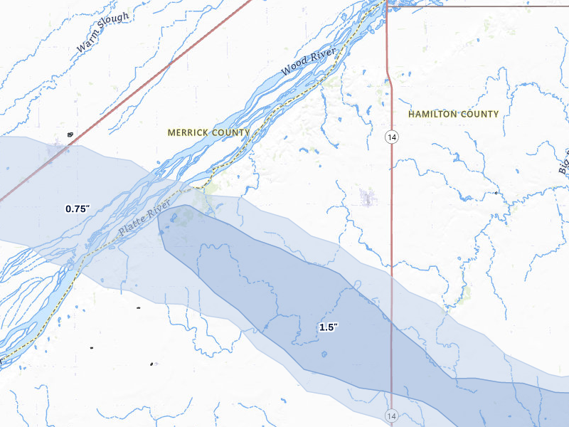 NEXRAD radar-signature map of the hail storm over Marquette, NE on Aug 8, 2026