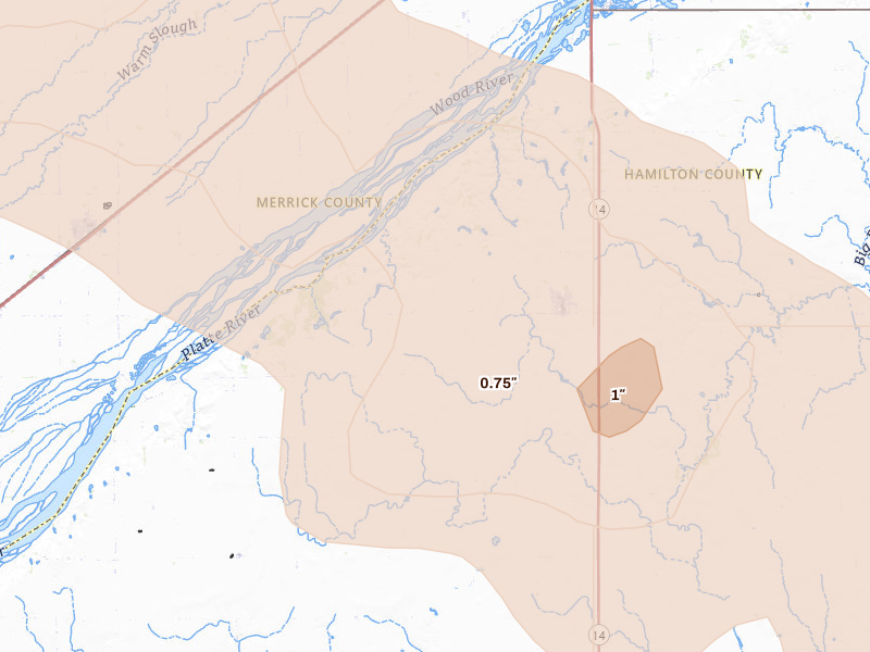 Radar-estimated hail-size map of the storm over Marquette, NE on Aug 17, 2026